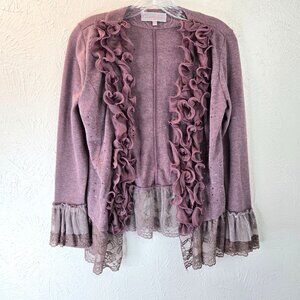 Fairycore Ruffle Cardigan M Purple Lace Bow Rhinestone Y2K Whimsigoth Sweater